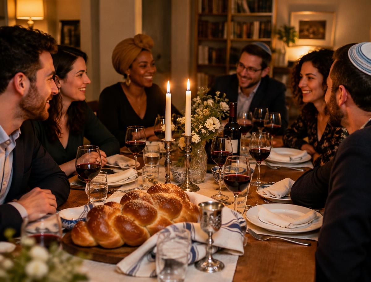 Friends around a Shabbat dinner table